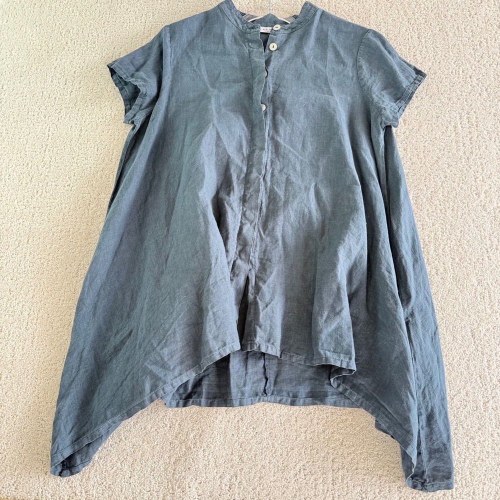 Bryn Walker Linen Tunic Shirt Dress Blue Mandarin Collar Button XS Made‎ in USA